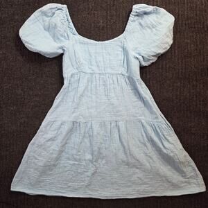 Medium Light Blue Puff Sleeve Dress 100% Cotton Midi w/ Pockets  6